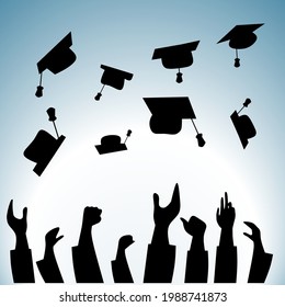 education, graduation and people concept - silhouettes of many happy students throwing mortarboards in air
