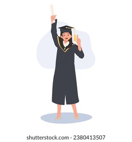 education, graduation and people concept. Smiling Graduating Student in Cap and Gown is thumb up.Celebrating Success in Education