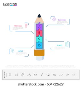 Education and graduation step to success infographics. Pencil  infographics tempate with icons and elements. Can be used for workflow layout, diagram web design, infographics. Vector Illustration