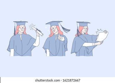 Education, graduation, success set concept. Young successful girl has just finished her education process and has got diploma. Graduation from univercity is exciting moment in life. Simple flat vector