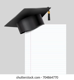 Education graduation university cap on paper corner. Note paper