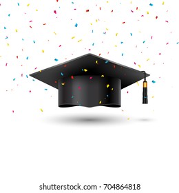 Education graduation university cap on white background. Success academic student hat for ceremony confetti school achievement.
