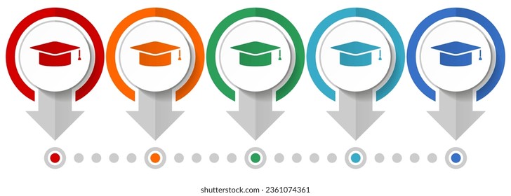 Education, graduation vector icon set, flat design infographic template, set pointer concept icons in 5 color options for webdesign and mobile applications