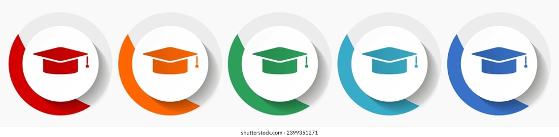 Education, graduation vector icon set, flat icons in 5 color options for logo design, webdesign and mobile applications, colorful round buttons