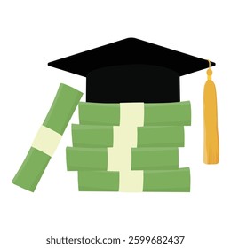 Education and grant, college study cost concept. Black graduation, academy cap on pile of money, banknotes isolated on white background. Vector