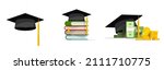 Education grant money vector or college study expensive cost concept and scholarship, graduation cap or academy black hat isolated, student mortarboard with books as knowledge achievement icon