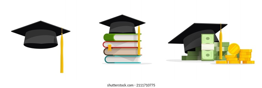 Education grant money vector or college study expensive cost concept and scholarship, graduation cap or academy black hat isolated, student mortarboard with books as knowledge achievement icon - Shutterstock ID 2111710775