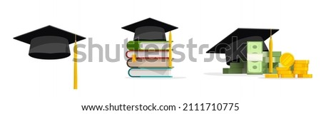 Education grant money vector or college study expensive cost concept and scholarship, graduation cap or academy black hat isolated, student mortarboard with books as knowledge achievement icon