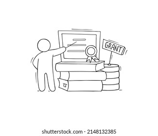 Education grant, scholarship, financial aid for students. Vector hand drawn illustration of doodle man, tuition certificate, books stack and money. Finance fund for study in college or university