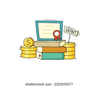 Education grant, scholarship, financial aid for students. Vector hand drawn illustration of tuition certificate, books stack and money. Finance fund for study in college or university