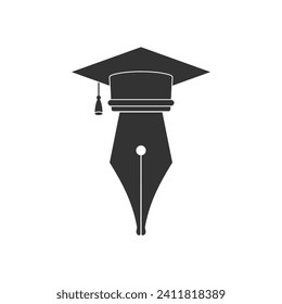 Education graphic logo. Ink pen in bachelor hat isolated sign on white background. University or academy graduation symbol. Vector illustration