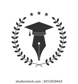 Education graphic logo. Laurel wreath with ink pen and bachelor hat isolated sign on white background. University or academy graduation symbol. Vector illustration