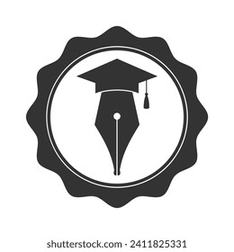 Logo gráfico educativo. Sello con lápiz de tinta y sombrero de soltero, signo aislado sobre fondo blanco. Símbolo de aprendizaje universitario o académico. Ilustración del vector