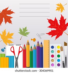 Education graphic template. Schoolboy workplace mock up for creating your own design, infographics, banners. Vector illustration with place for text. 