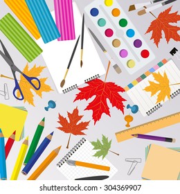 Education graphic template. Schoolboy workplace mock up for creating your own design, infographics, banners. Vector illustration with place for text. 