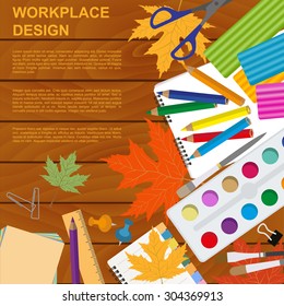 Education graphic template. Schoolboy workplace mock up for creating your own design, infographics, banners. Vector illustration with place for text. 
