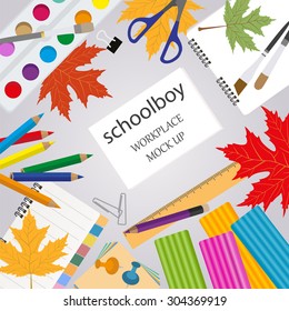 Education graphic template. Schoolboy workplace mock up for creating your own design, infographics, banners. Vector illustration with place for text. 