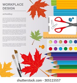 Education graphic template. Schoolboy workplace mock up for creating your own design, infographics, banners. Vector illustration with place for text. 