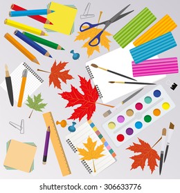 Education graphic template. Schoolboy workplace mock up for creating your own design, infographics, banners. Vector illustration with place for text. 