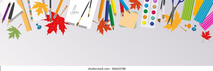 Education graphic template. Schoolboy workplace mock up for creating your own design, infographics, banners. Vector illustration with place for text. 