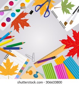 Education graphic template. Schoolboy workplace mock up for creating your own design, infographics, banners. Vector illustration with place for text. 