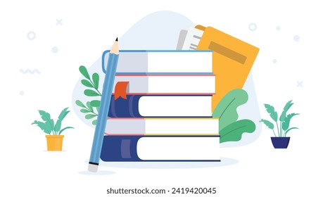 Education graphic - Vector illustration of educational stack of school books with pencil. Lecture, course and class concept in flat design with white background