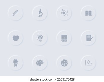 education gray vector icons on round rubber buttons. education icon set for web, mobile apps, ui design and promo business polygraphy
