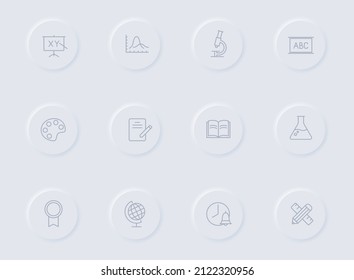 education gray vector icons on round rubber buttons. education icon set for web, mobile apps, ui design and promo business polygraphy