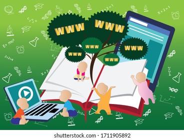 Education grew with me open books and Communication equipment online education concept isolated on background vector illustration