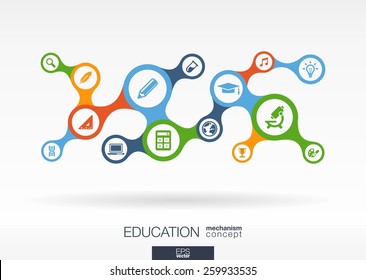 Education. Growth abstract background with connected metaball and integrated icons for elearning, knowledge, learn, analytics, network, social media, global concepts. Vector interactive illustration