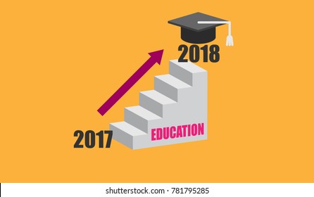 Education growth infographic 2017 to 2018 with staircase and education hat on the top
