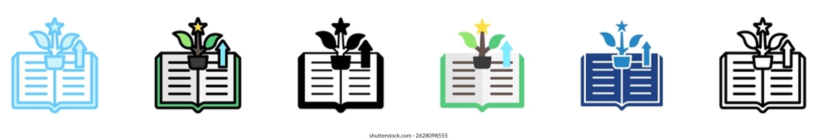 Educação Crescimento multi estilo, mini ilustração ícone conjunto. contorno, plano, glifo, cor da linha. vetor para IU, UX, aplicativo, web, digital ou impressão, relacionado com dias de alfabetização internacional, educação.