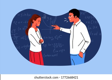 Education, guilt, conflict, conviction concept. Young angry man teacher in class swearing at sad guilty woman girl student for misbehavior. Punishment for being late educational process illustration.