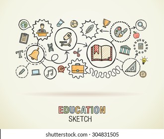 Education hand draw integrated icons set on paper. Colorful vector sketch infographic circle illustration. Connected doodle pictograms: social, elearn, learning, media, knowledge interactive concepts
