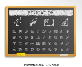 Education hand drawing line icons. Vector doodle pictogram set: chalk sketch sign illustration on blackboard with hatch symbols: school, elearning, knowledge, learn, subjects, teaching, college.