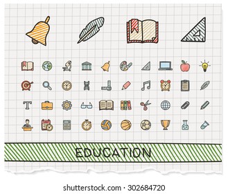 Education hand drawing line icons. Vector doodle pictogram set: color pen sketch sign illustration on paper with hatch symbols: school, elearning, knowledge, learn, subjects, teaching, college.