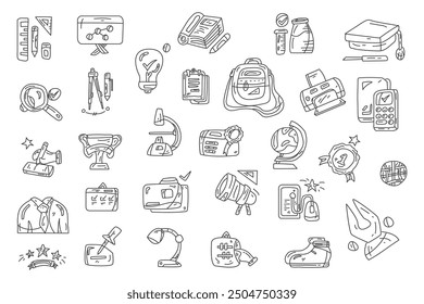 Education hand drawn doodles set, school supplies, knowledge, learning, creativity, icons, vector illustration.