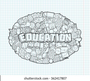Education - Hand Lettering and Doodles Elements Sketch on Exercise book  page in square Background.Vector illustration