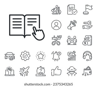 Educación con símbolo de puntero de mano. Salaryman, igualdad de género e iconos de la descripción de timbre. Icono de línea del libro de instrucciones. Signo de e-learning. Leer el signo de la línea de instrucciones. Vector