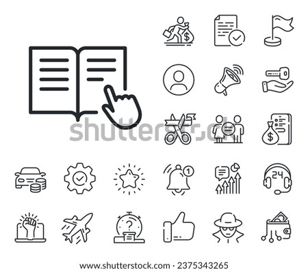Education with hand pointer symbol. Salaryman, gender equality and alert bell outline icons. Instruction Book line icon. E-learning sign. Read instruction line sign. Vector