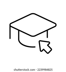 Education hat with click line icon. University, teacher, textbook, distance learning, student, lecture, couple. Learning concept. Vector line icon on white background