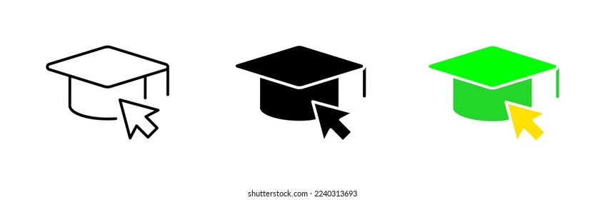 Education hat with click set icon. University, teacher, textbook, distance learning, student, lecture, couple. Learning concept. Vector icon in line, black and colorful style on white background