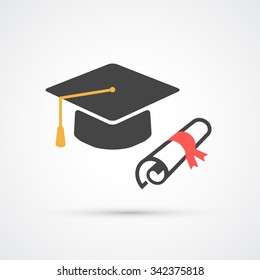 Education hat and diploma flat icon