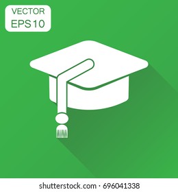 Education hat icon. Vector illustration on green background with long shadow.