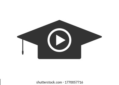 Education hat silhouette. Online courses concept. Play sign and academic hat. Graduation cap and diploma black web icon. vector illustration isolated on white background.