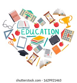 Education heart banner with stationery, books, buildings icons. Love education concept. Vector illustration.