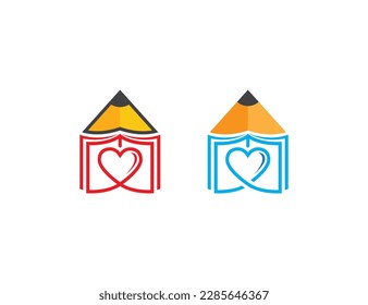 Education Heart Book Pencil Logo Concept icon sign symbol Element Design. Graduation, Courses, E-book, Library, Book Store and Academy Logotype. Vector illustration template  