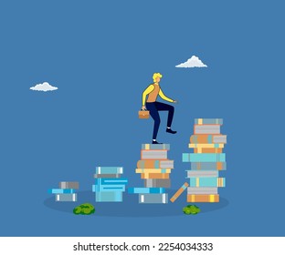 Education to help business success, learning to help employee achieve goal, education course concept, Businessman walking on stack of books growing knowledge increase concept.