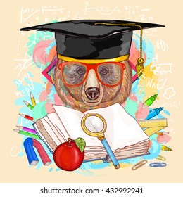 Education hipsters animals students bear goes to school vector illustration