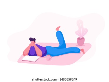 Education or Hobby Concept. Man Lying on Floor with Cup of Tea Reading Book. College or University Student Prepare to Exam, Back to School, Character Gaining Knowledge Cartoon Flat Vector Illustration